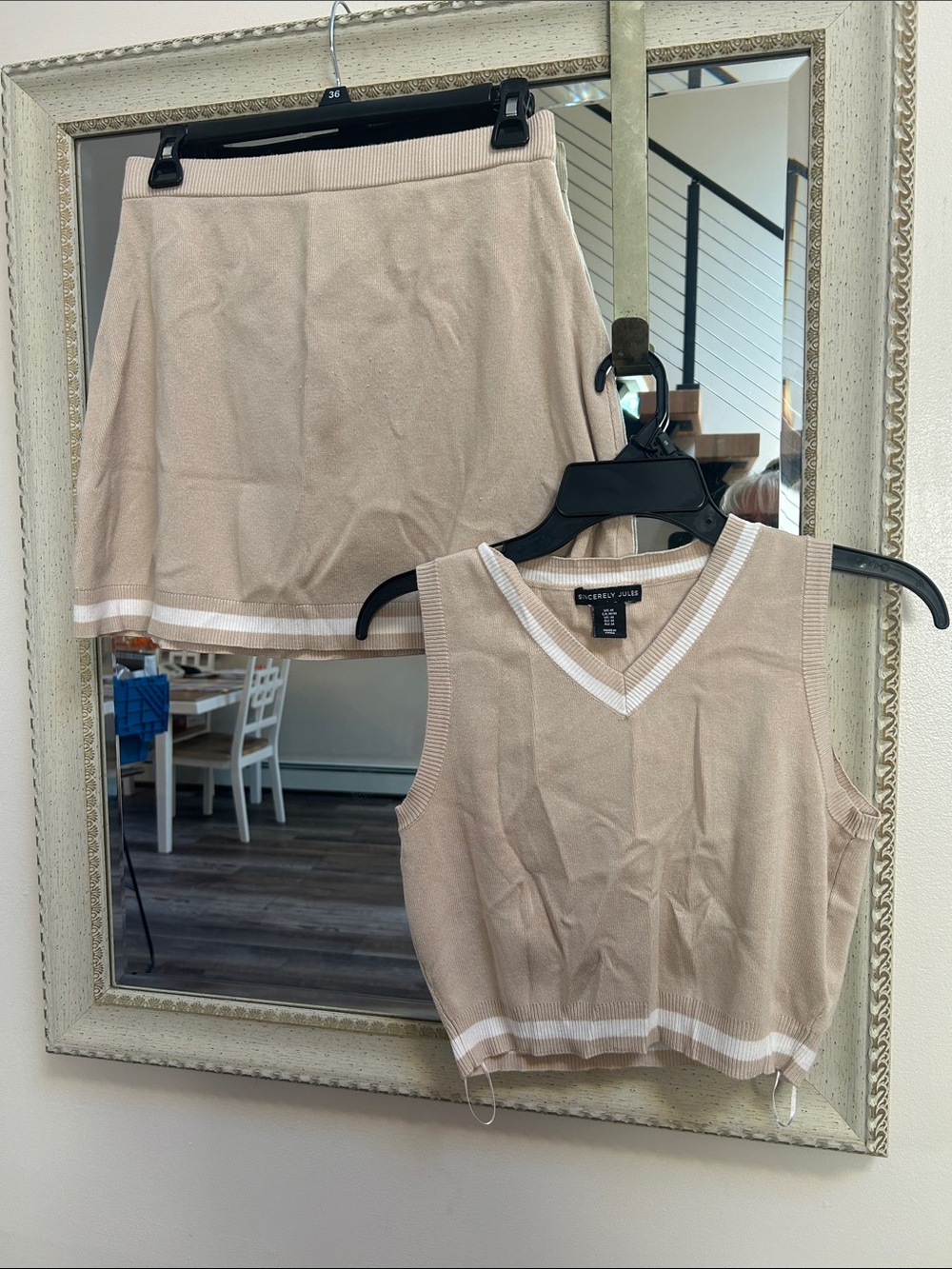 Sincerely Jules Beige Knit Mini Skirt & Sleeveless Top Set with White Trim